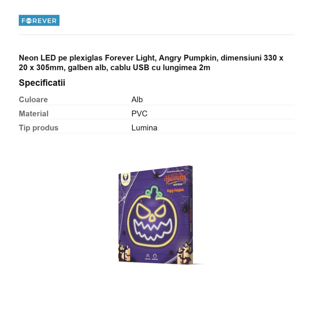 Neon LED pe plexiglas Forever Light, Angry Pumpkin, dimensiuni 330 x 20 x 305mm, galben alb, cablu USB cu lungimea 2m [3]