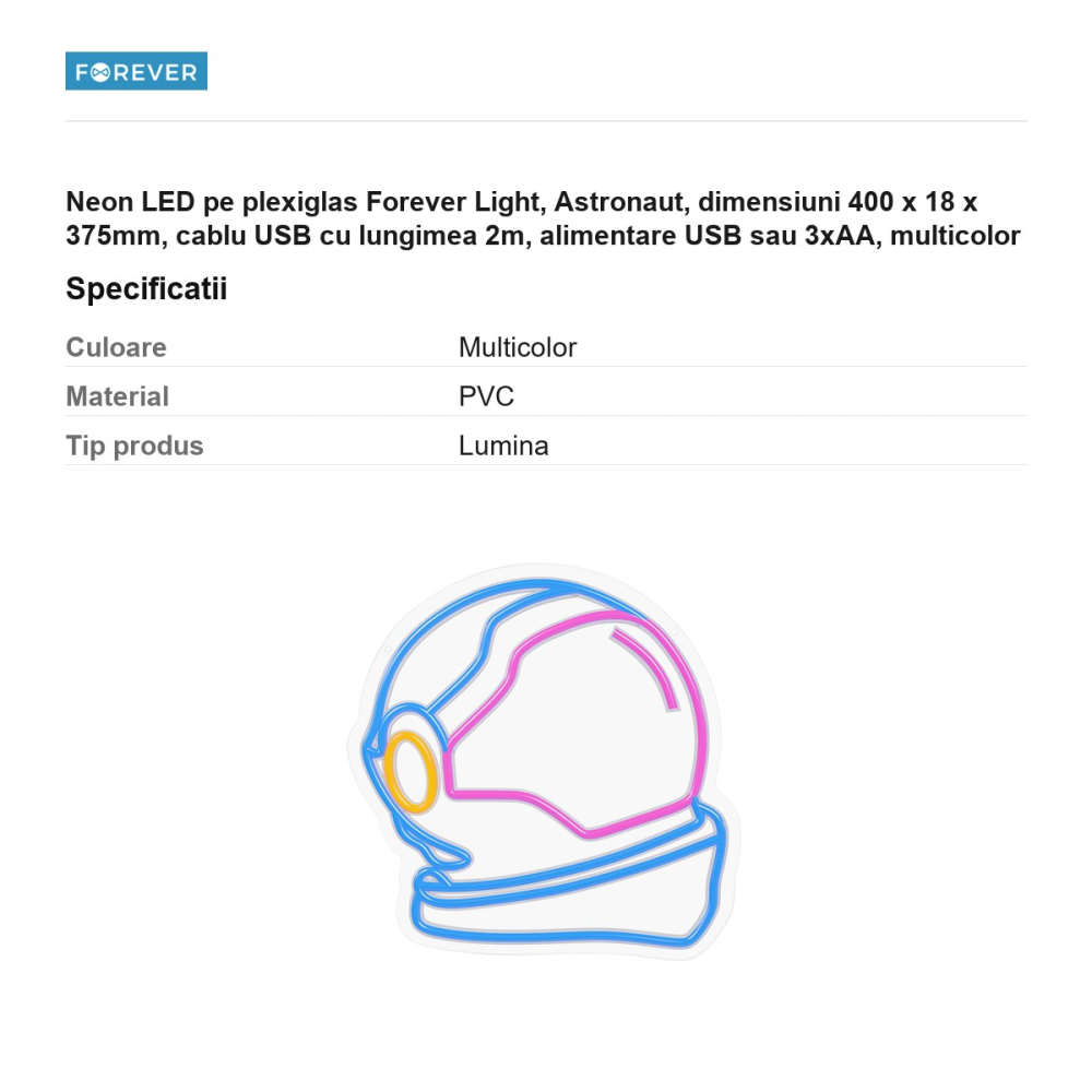 Neon LED pe plexiglas Forever Light, Astronaut, dimensiuni 400 x 18 x 375mm, cablu USB cu lungimea 2m, alimentare USB sau 3xAA, multicolor [3]
