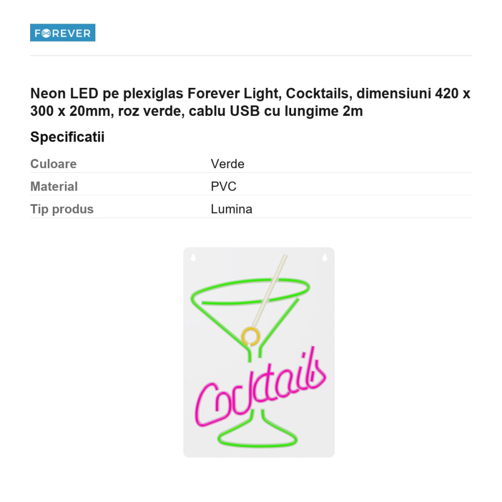 Neon LED pe plexiglas Forever Light, Cocktails, dimensiuni 420 x 300 x 20mm, roz verde, cablu USB cu lungime 2m [3]