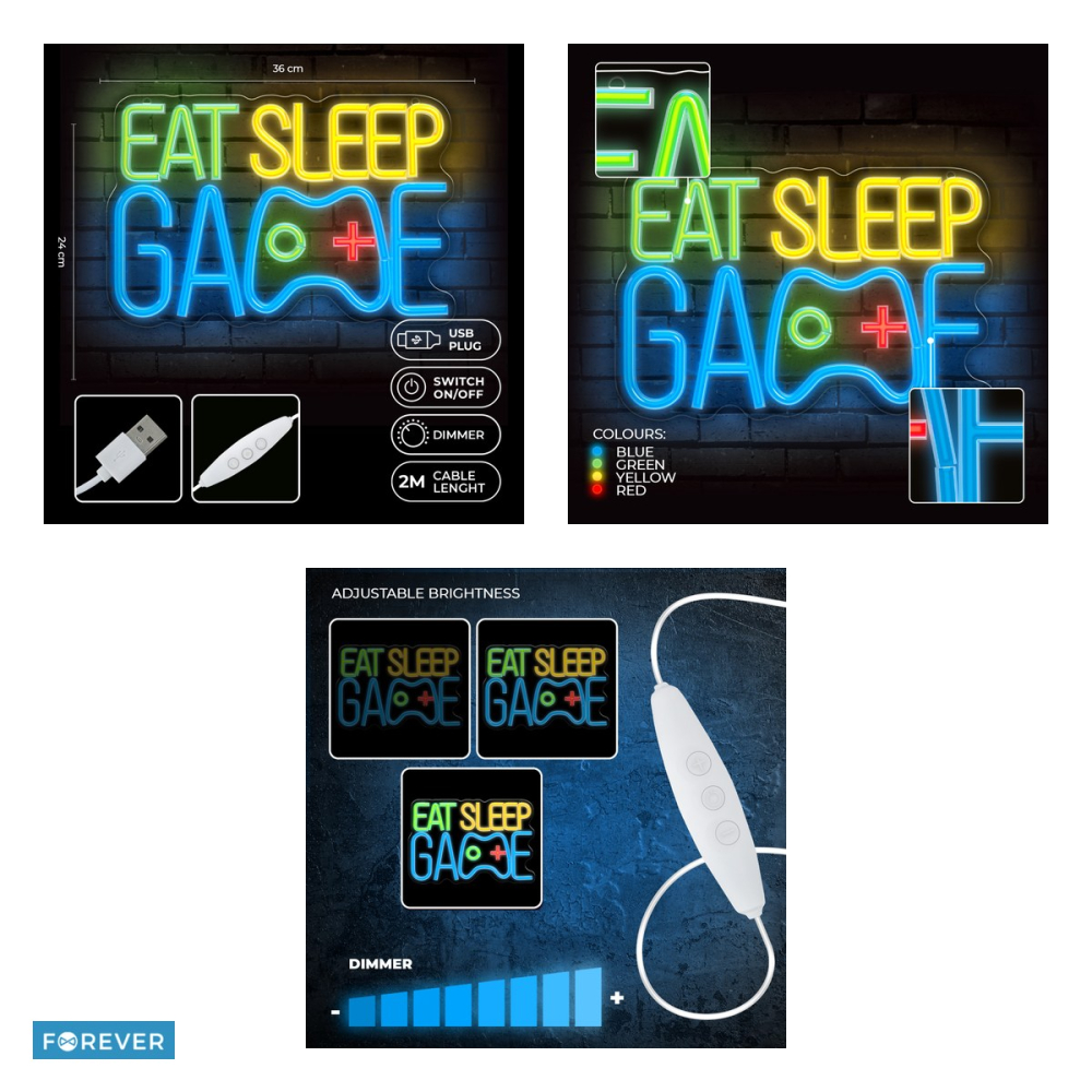 Neon LED pe plexiglas Forever Light, Eat Sleep Game, dimensiuni 240 x 16 x 360mm, cablu USB cu lungimea 2m, multicolor [4]