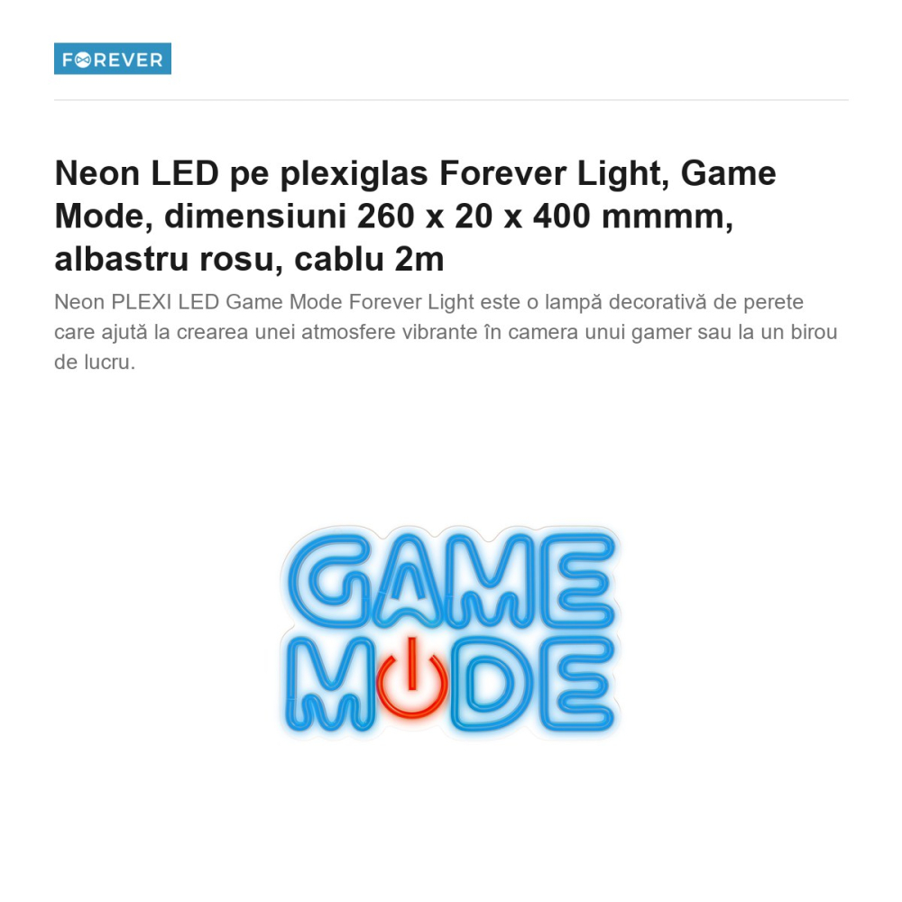 Neon LED pe plexiglas Forever Light, Game Mode, dimensiuni 260 x 20 x 400 mmmm, albastru rosu, cablu 2m [2]