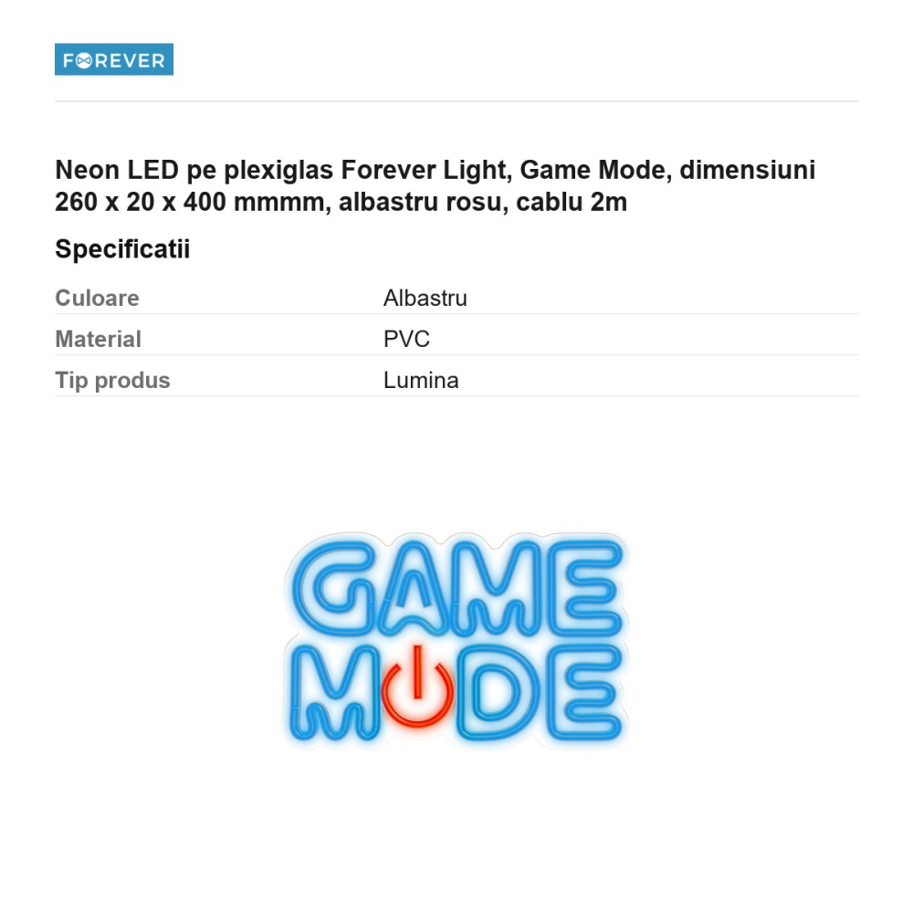 Neon LED pe plexiglas Forever Light, Game Mode, dimensiuni 260 x 20 x 400 mmmm, albastru rosu, cablu 2m [3]