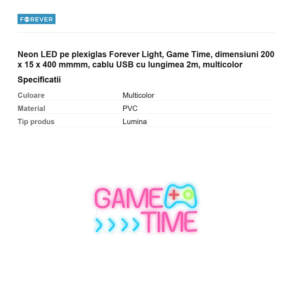Neon LED pe plexiglas Forever Light, Game Time, dimensiuni 200 x 15 x 400 mmmm, cablu USB cu lungimea 2m, multicolor [3]