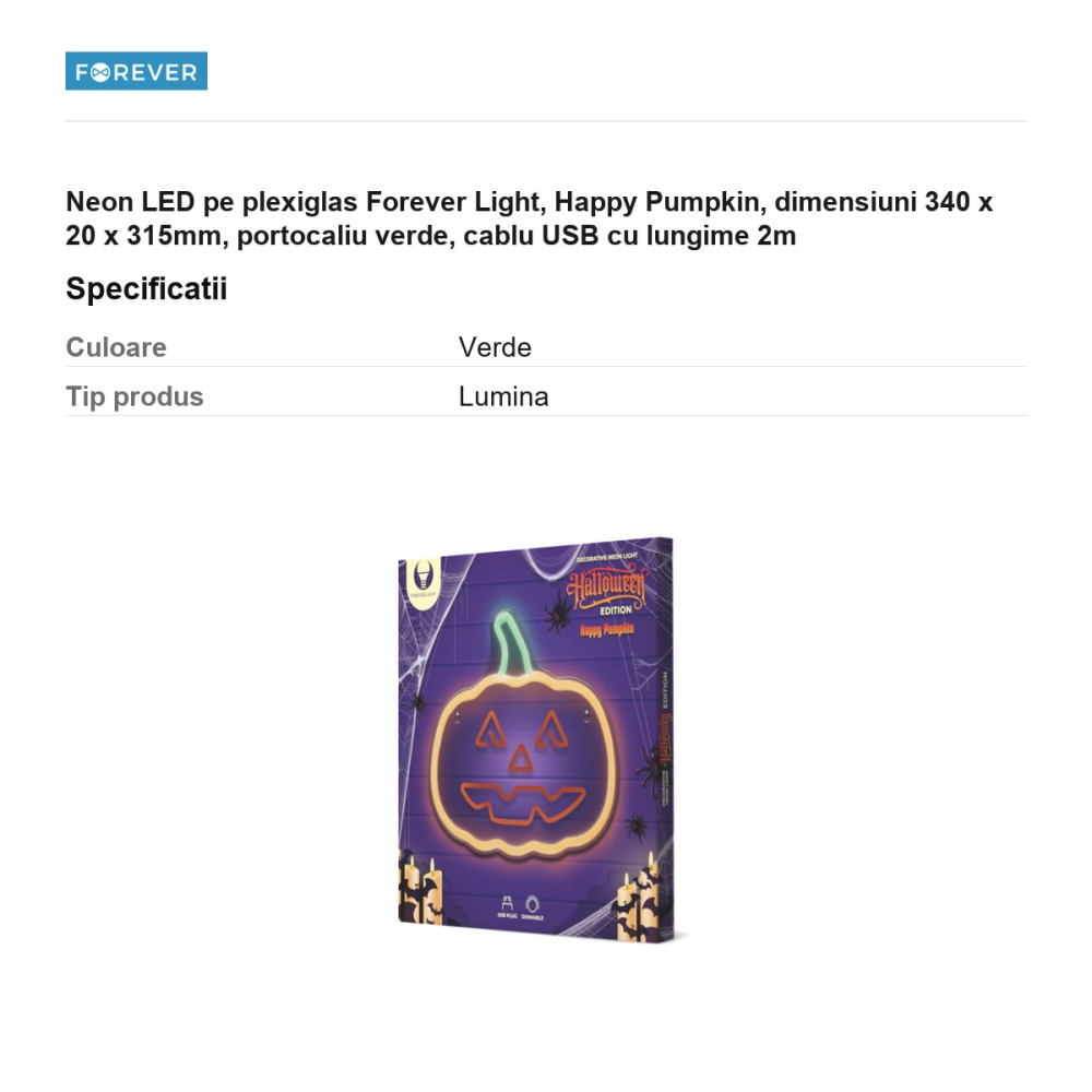 Neon LED pe plexiglas Forever Light, Happy Pumpkin, dimensiuni 340 x 20 x 315mm, portocaliu verde, cablu USB cu lungime 2m [3]