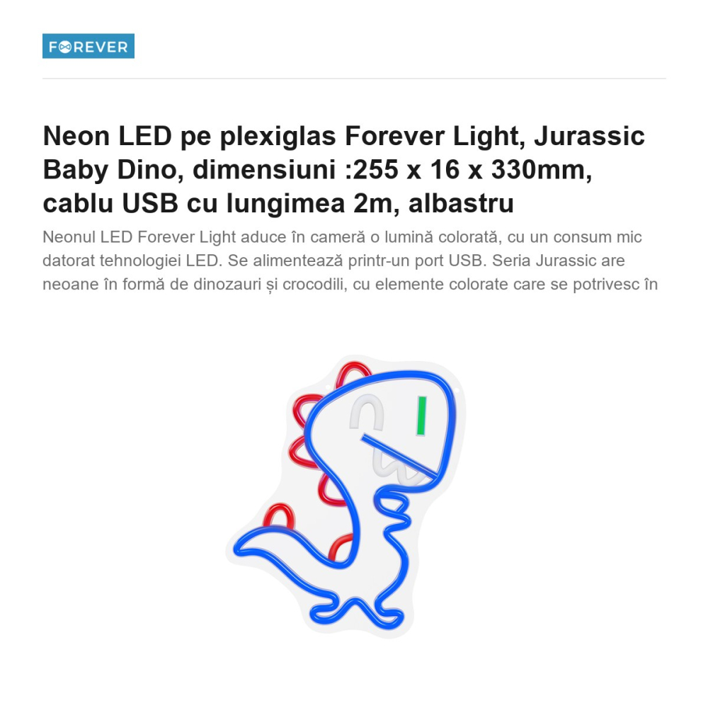 Neon LED pe plexiglas Forever Light, Jurassic Baby Dino, dimensiuni :255 x 16 x 330mm, cablu USB cu lungimea 2m, albastru [2]