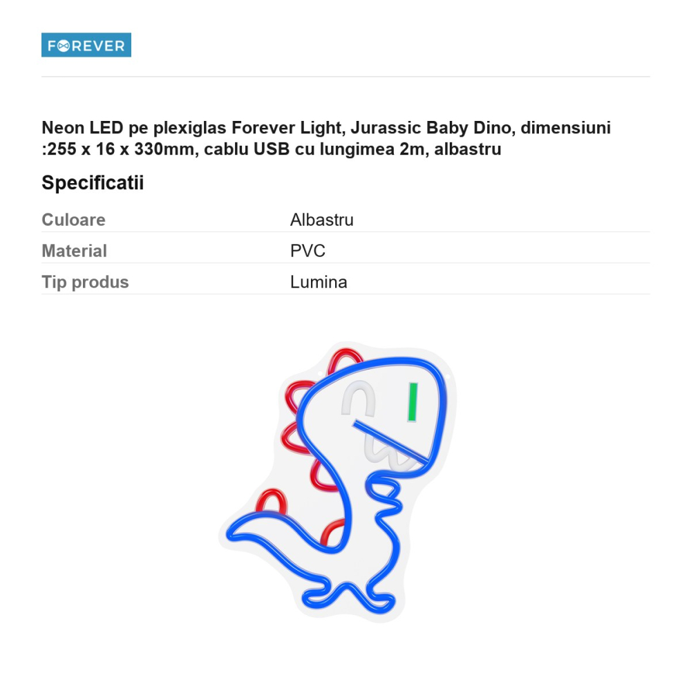 Neon LED pe plexiglas Forever Light, Jurassic Baby Dino, dimensiuni :255 x 16 x 330mm, cablu USB cu lungimea 2m, albastru [3]