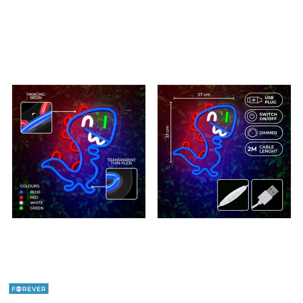 Neon LED pe plexiglas Forever Light, Jurassic Baby Dino, dimensiuni :255 x 16 x 330mm, cablu USB cu lungimea 2m, albastru [5]