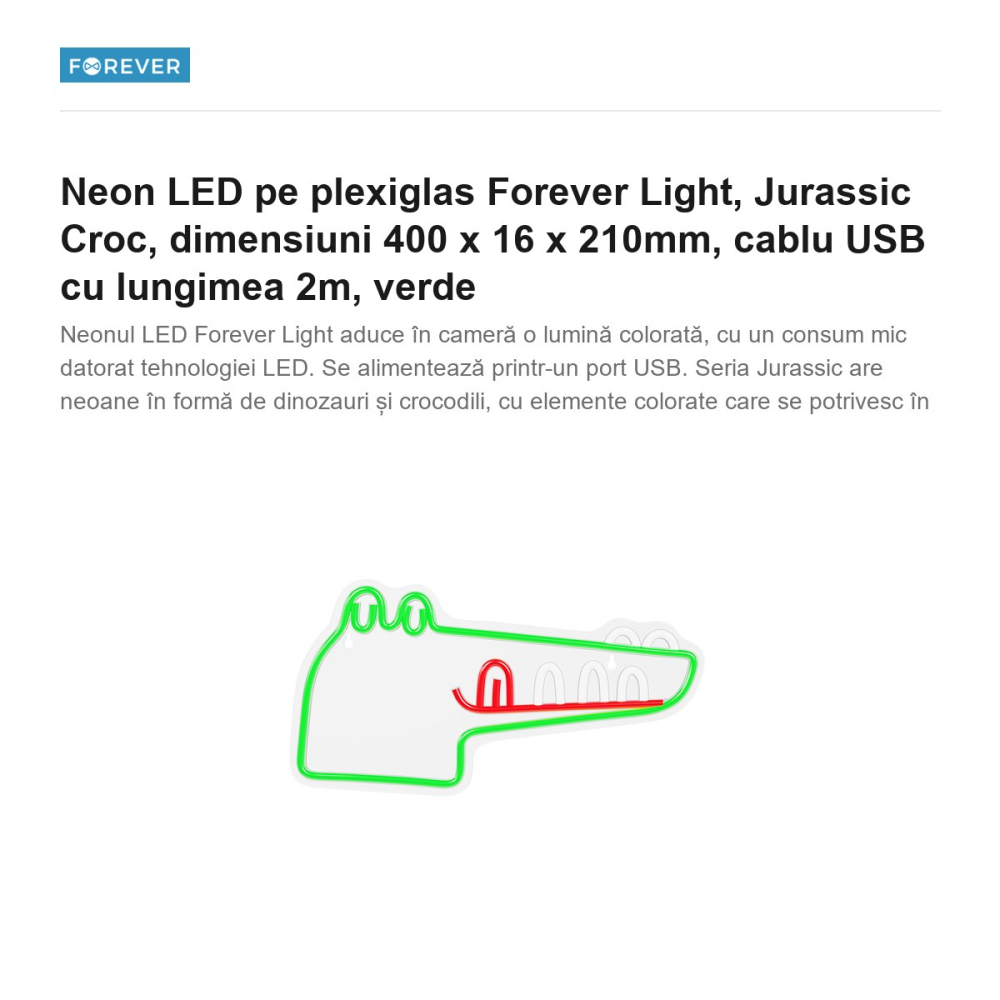 Neon LED pe plexiglas Forever Light, Jurassic Croc, dimensiuni 400 x 16 x 210mm, cablu USB cu lungimea 2m, verde [2]
