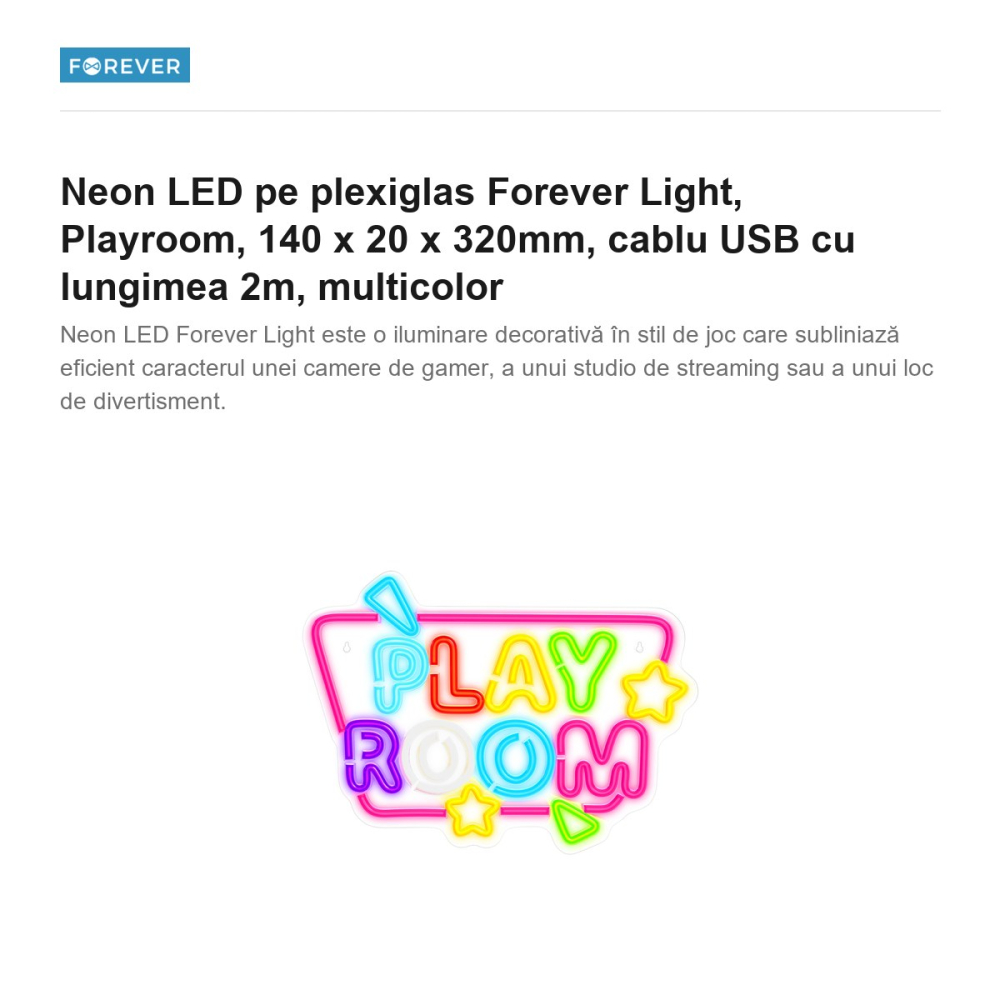 Neon LED pe plexiglas Forever Light, Playroom, 140 x 20 x 320mm, cablu USB cu lungimea 2m, multicolor [2]
