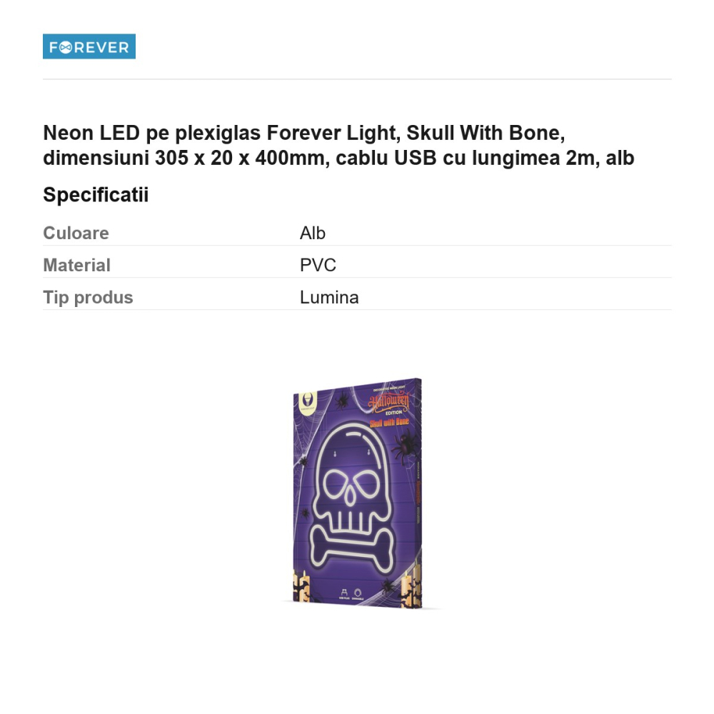 Neon LED pe plexiglas Forever Light, Skull With Bone, dimensiuni 305 x 20 x 400mm, cablu USB cu lungimea 2m, alb [3]