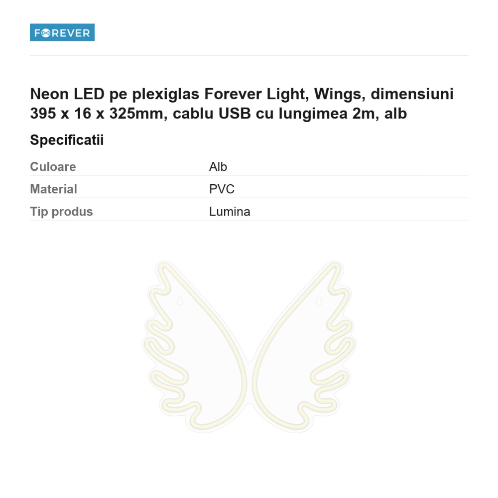 Neon LED pe plexiglas Forever Light, Wings, dimensiuni 395 x 16 x 325mm, cablu USB cu lungimea 2m, alb [3]