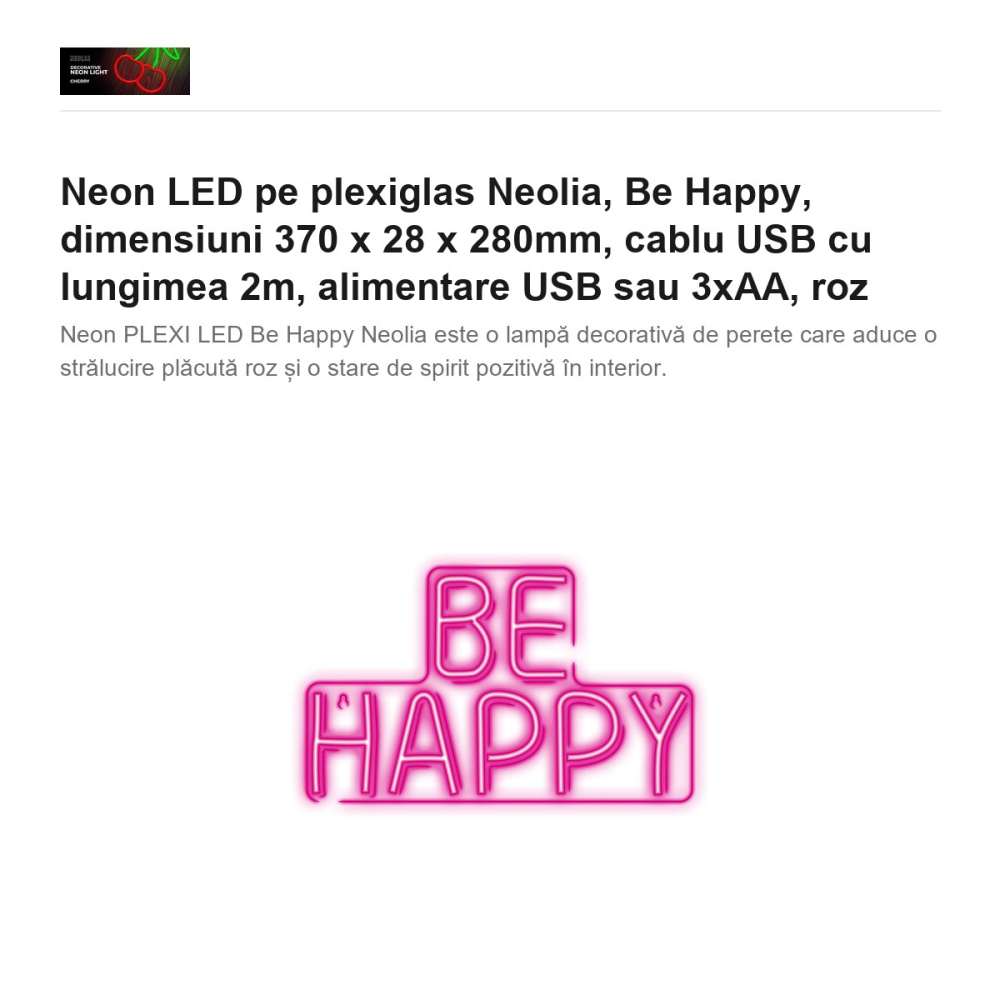 Neon LED pe plexiglas Neolia, Be Happy, dimensiuni 370 x 28 x 280mm, cablu USB cu lungimea 2m, alimentare USB sau 3xAA, roz [2]
