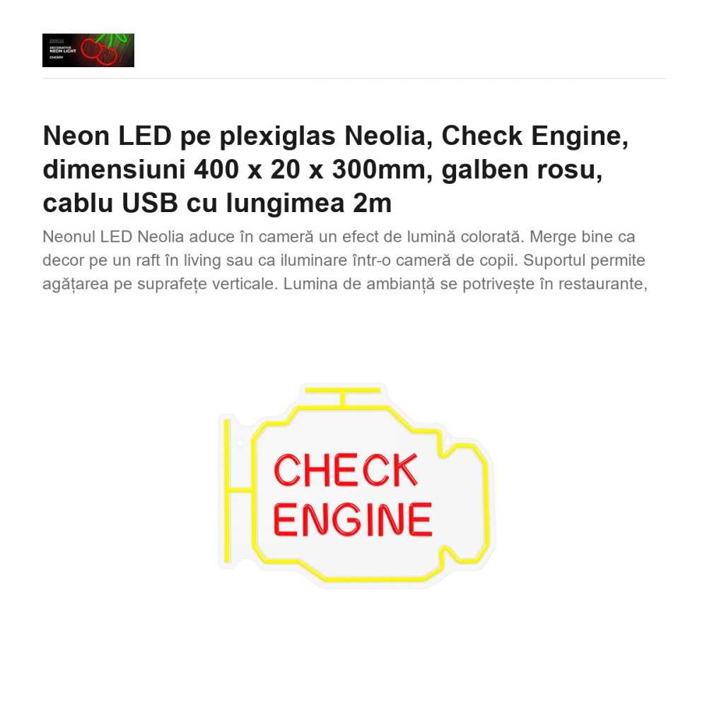 Neon LED pe plexiglas Neolia, Check Engine, dimensiuni 400 x 20 x 300mm, galben rosu, cablu USB cu lungimea 2m [2]