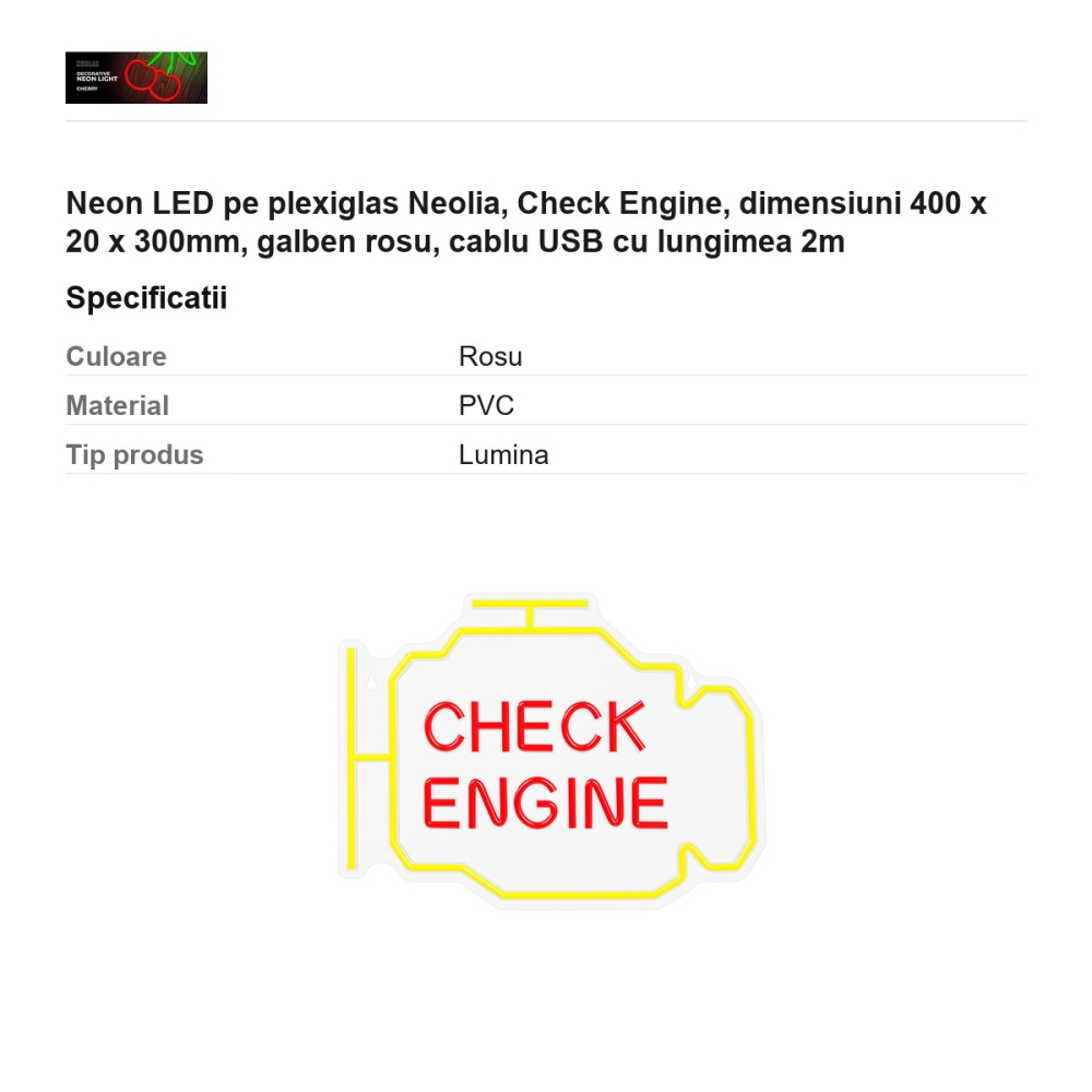Neon LED pe plexiglas Neolia, Check Engine, dimensiuni 400 x 20 x 300mm, galben rosu, cablu USB cu lungimea 2m [3]