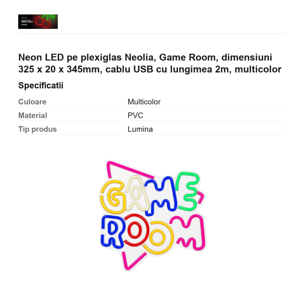 Neon LED pe plexiglas Neolia, Game Room, dimensiuni 325 x 20 x 345mm, cablu USB cu lungimea 2m, multicolor [3]
