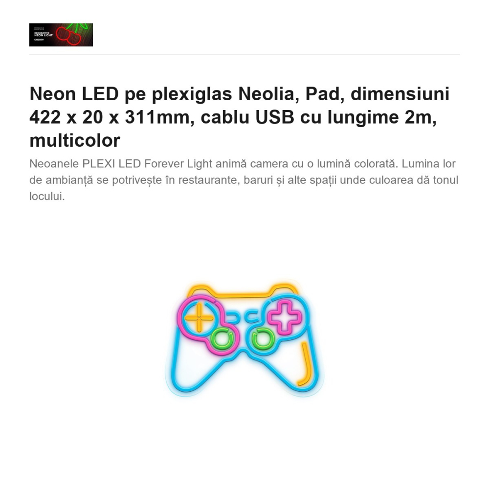Neon LED pe plexiglas Neolia, Pad, dimensiuni 422 x 20 x 311mm, cablu USB cu lungime 2m, multicolor [2]