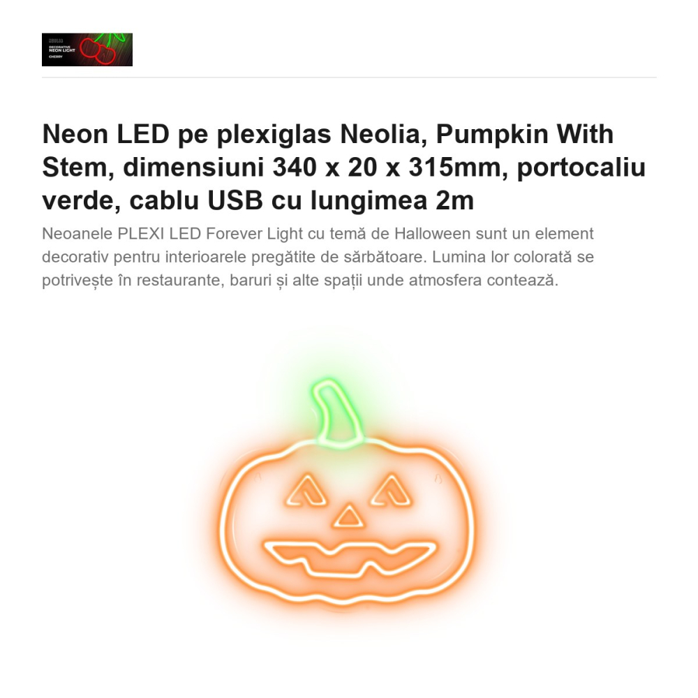 Neon LED pe plexiglas Neolia, Pumpkin With Stem, dimensiuni 340 x 20 x 315mm, portocaliu verde, cablu USB cu lungimea 2m [2]