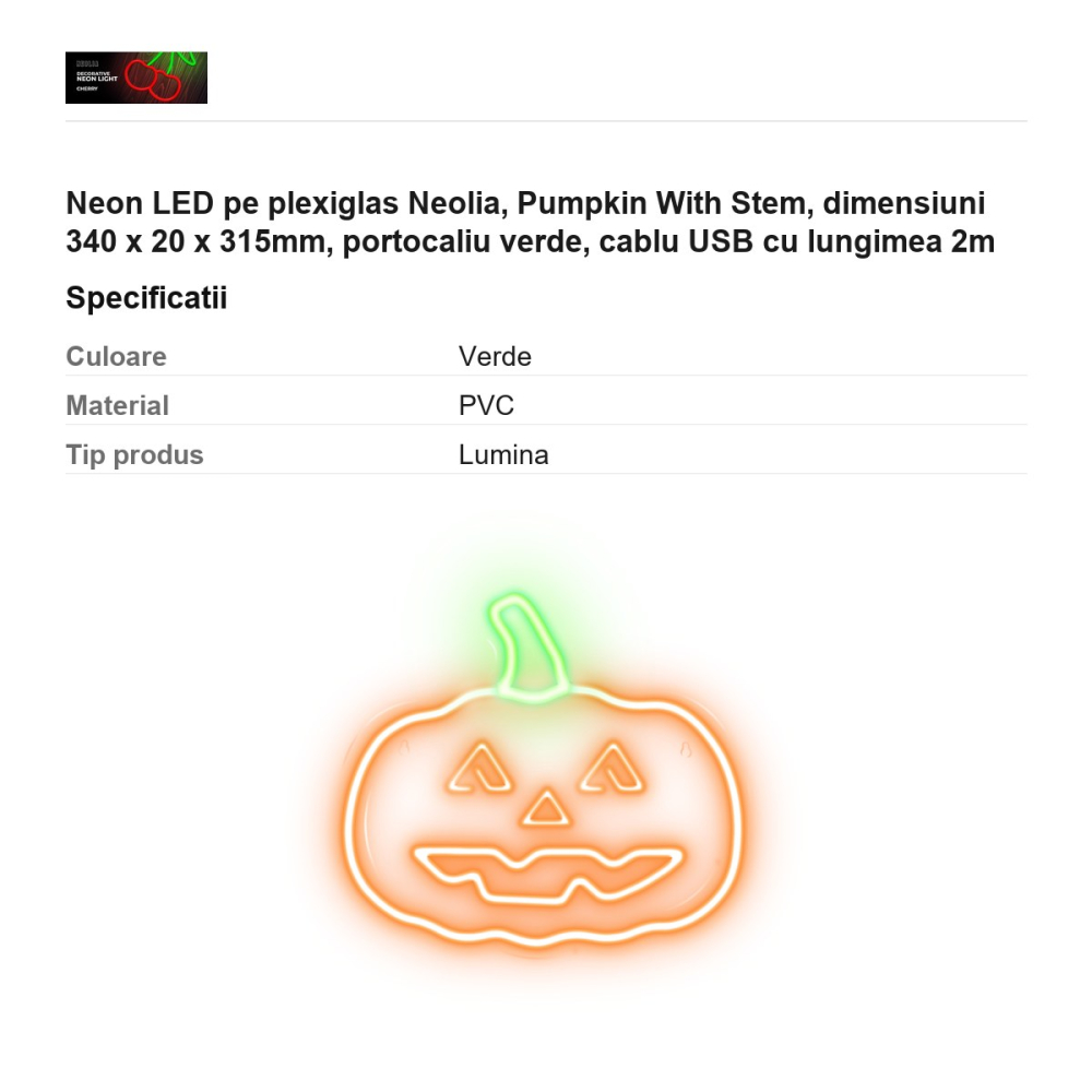 Neon LED pe plexiglas Neolia, Pumpkin With Stem, dimensiuni 340 x 20 x 315mm, portocaliu verde, cablu USB cu lungimea 2m [3]