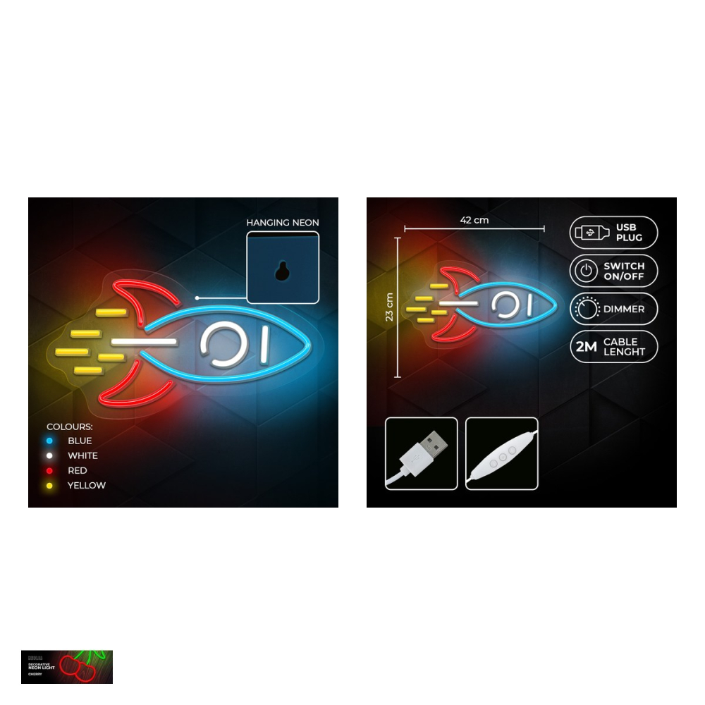 Neon LED pe plexiglas Neolia, Rocket, dimensiuni 230 x 20 x 420mm, cablu USB cu lungimea 2m, multicolor [5]