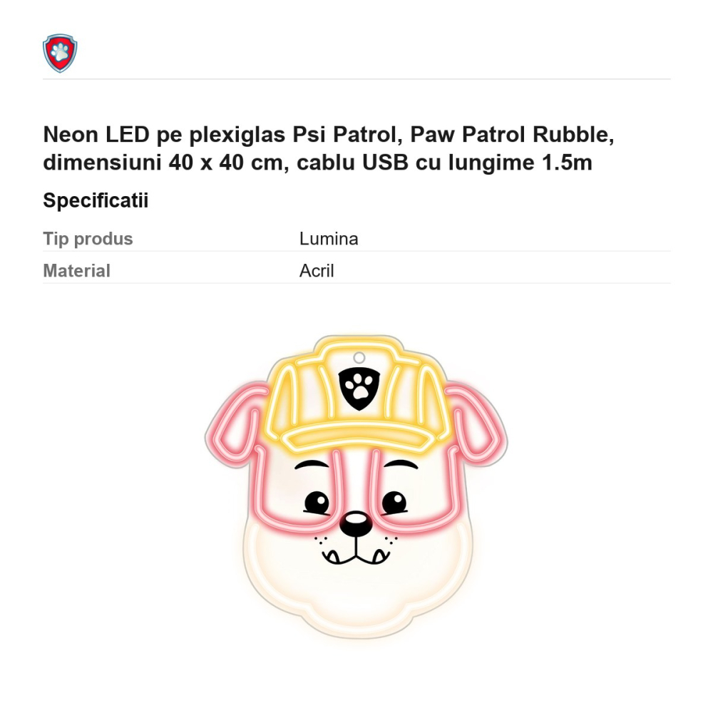 Neon LED pe plexiglas Psi Patrol, Paw Patrol Rubble, dimensiuni 40 x 40 cm, cablu USB cu lungime 1.5m [3]
