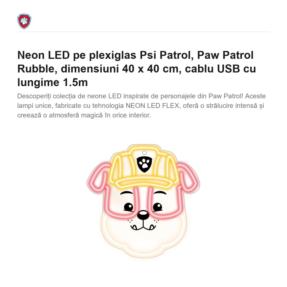 Neon LED pe plexiglas Psi Patrol, Paw Patrol Rubble, dimensiuni 40 x 40 cm, cablu USB cu lungime 1.5m [2]