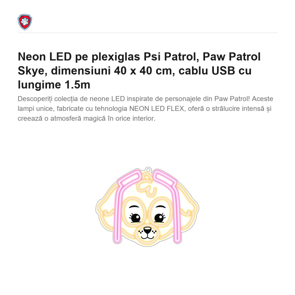 Neon LED pe plexiglas Psi Patrol, Paw Patrol Skye, dimensiuni 40 x 40 cm, cablu USB cu lungime 1.5m [2]