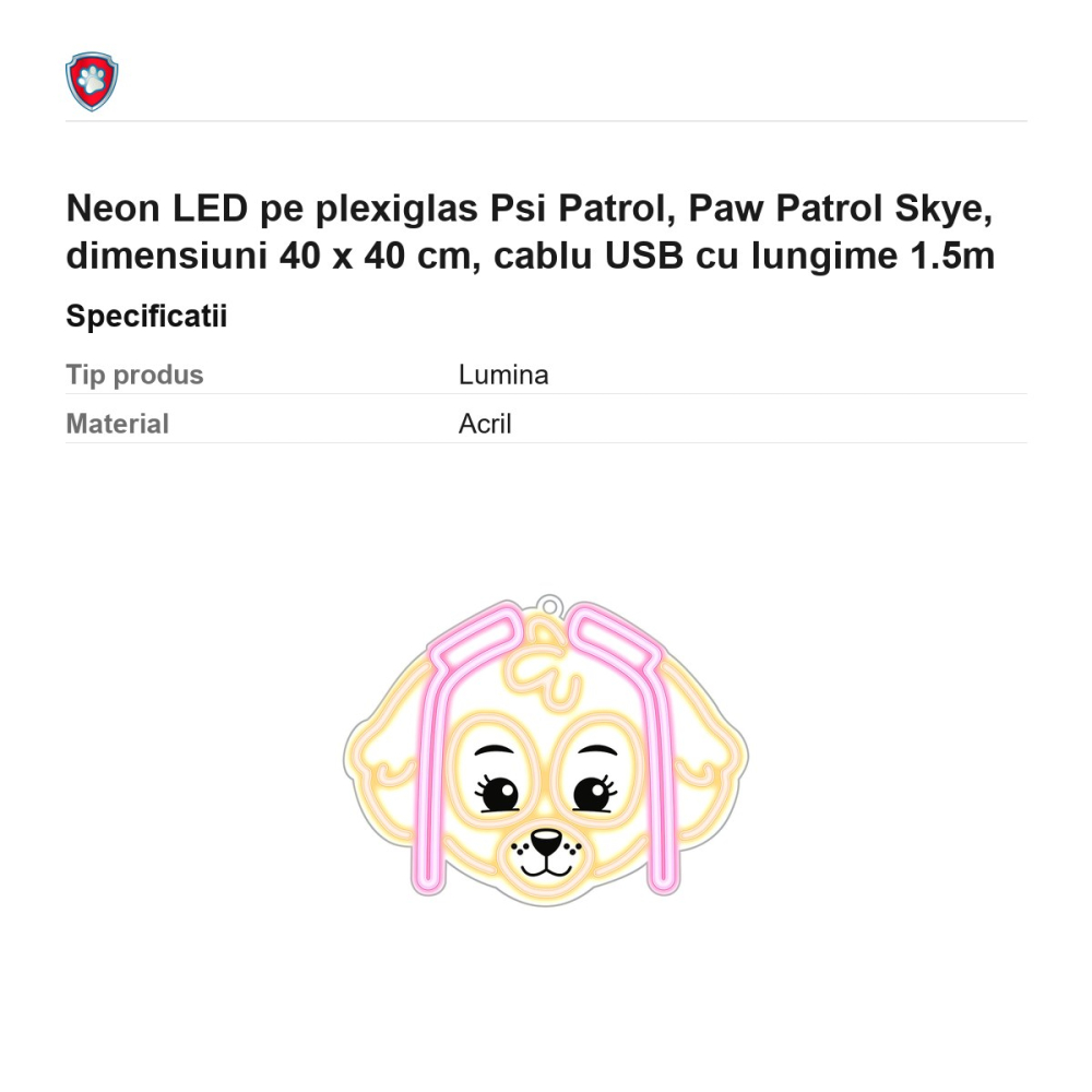 Neon LED pe plexiglas Psi Patrol, Paw Patrol Skye, dimensiuni 40 x 40 cm, cablu USB cu lungime 1.5m [3]