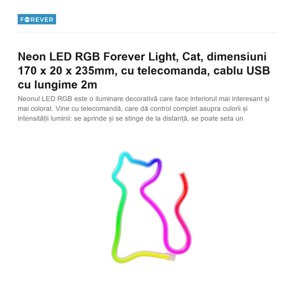 Neon LED RGB Forever Light, Cat, dimensiuni 170 x 20 x 235mm, cu telecomanda, cablu USB cu lungime 2m [2]