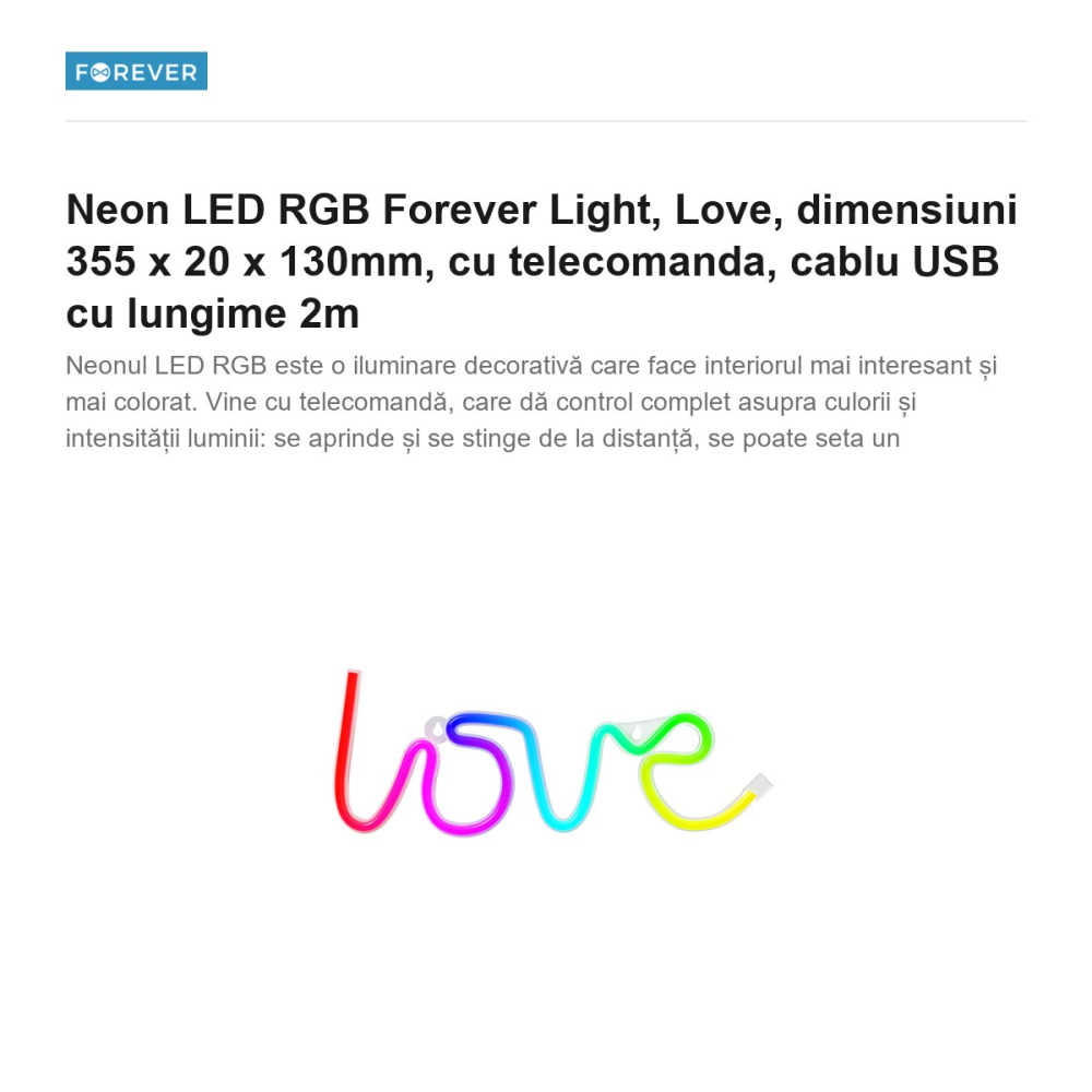Neon LED RGB Forever Light, Love, dimensiuni 355 x 20 x 130mm, cu telecomanda, cablu USB cu lungime 2m [2]