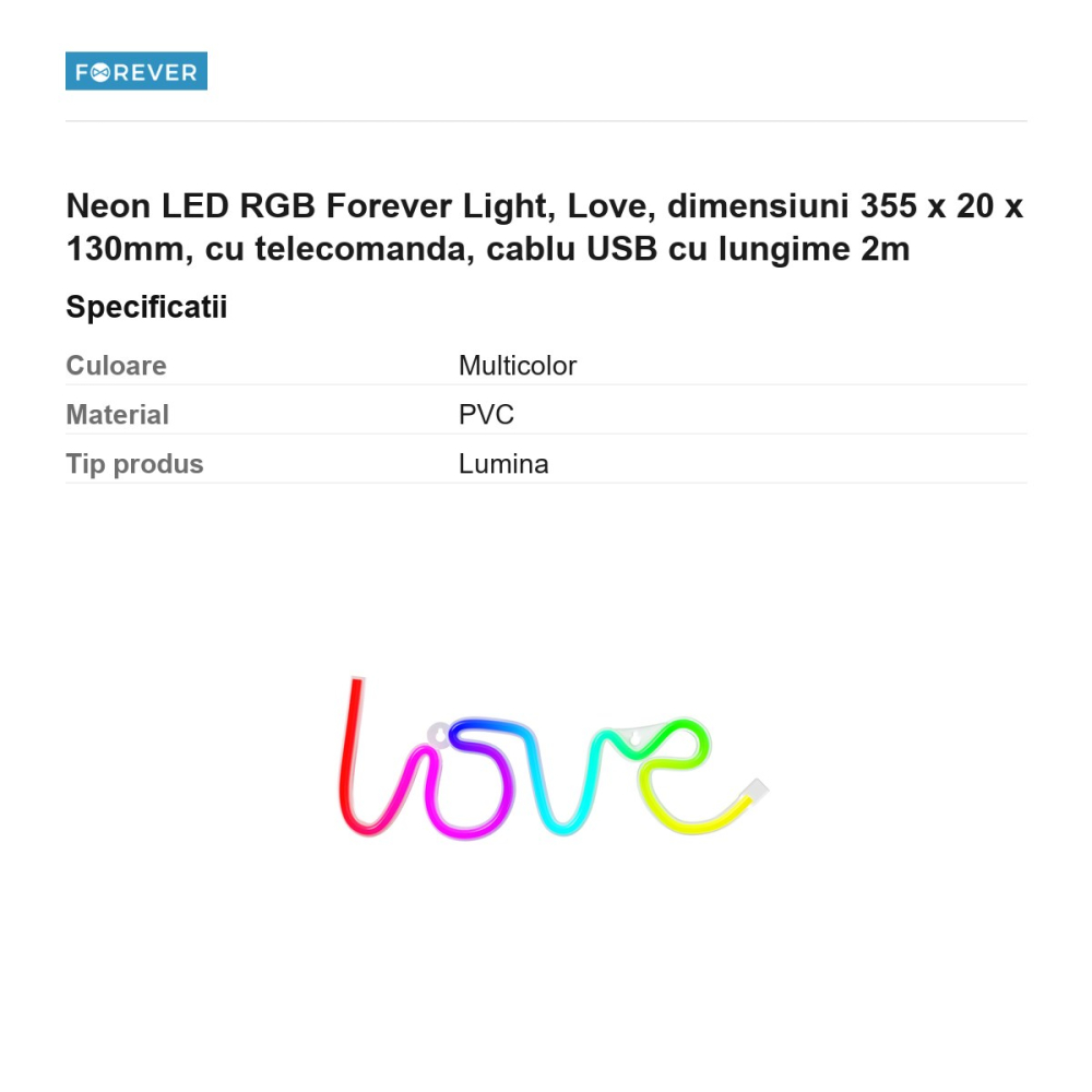 Neon LED RGB Forever Light, Love, dimensiuni 355 x 20 x 130mm, cu telecomanda, cablu USB cu lungime 2m [3]