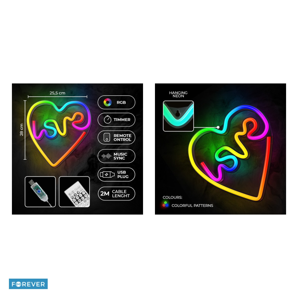 Neon LED RGB Forever Light, Love In Heart, dimensiuni 280 x 255 x 20mm, cu telecomanda, cablu USB cu lungime 2m [5]