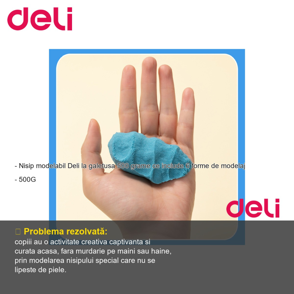 Nisip modelabil Deli, galetusa 500g cu 6 forme de modelaj, albastru, pentru copii [2]