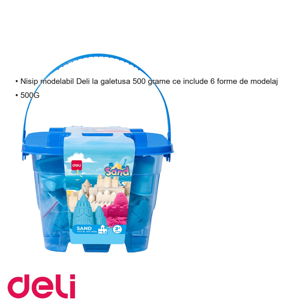 Nisip modelabil Deli, galetusa 500g cu 6 forme de modelaj, albastru, pentru copii [3]