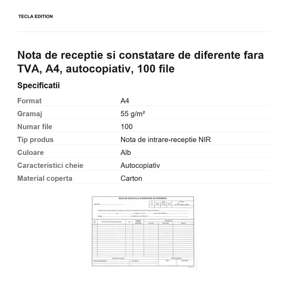 Nota de receptie si constatare de diferente fara TVA, A4, autocopiativ, 100 file [3]