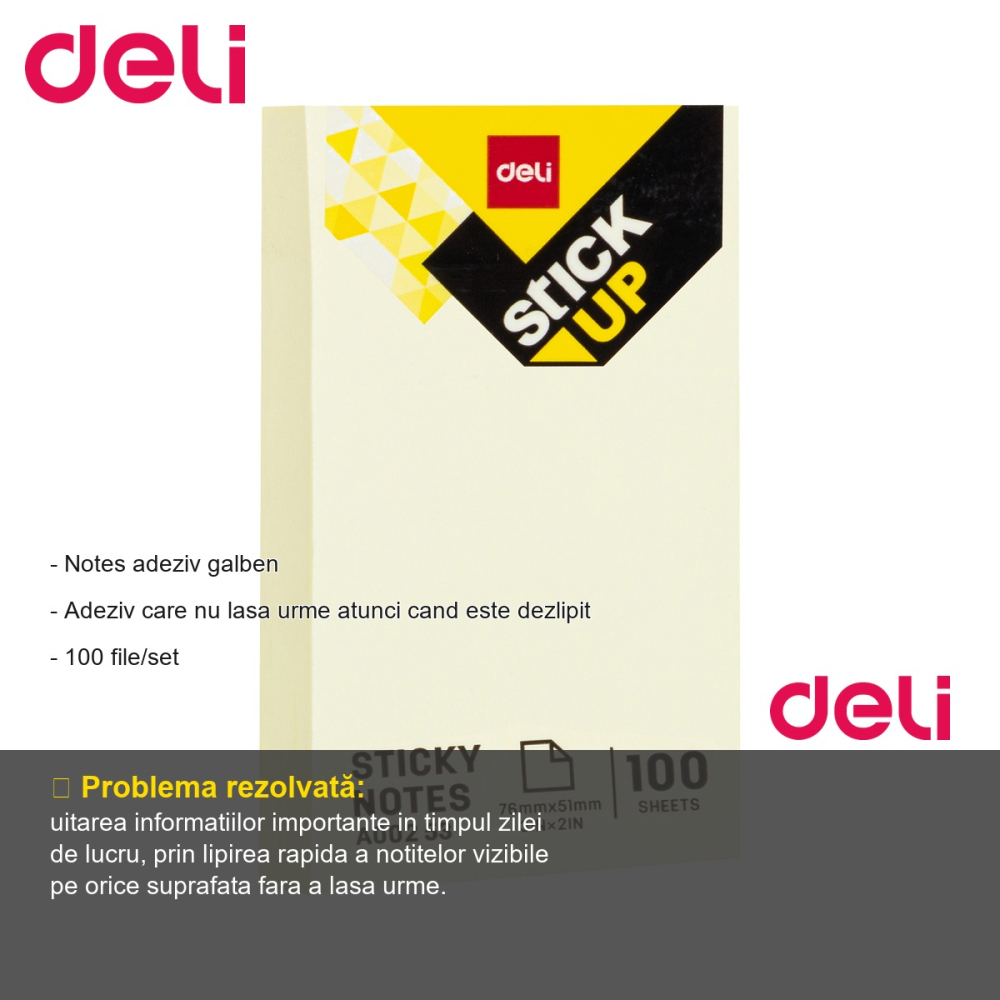 Notes adeziv Deli, 76x51mm, galben, 100 file, adeziv fara urme, pentru birou si organizare rapida [2]