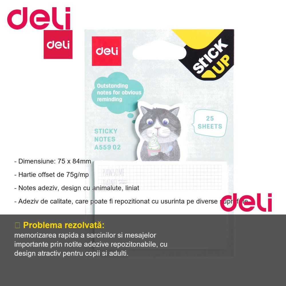 Notes adeziv Deli cu design pisici si catei, liniat, 75x84mm, 25 file, pentru organizare rapida [2]