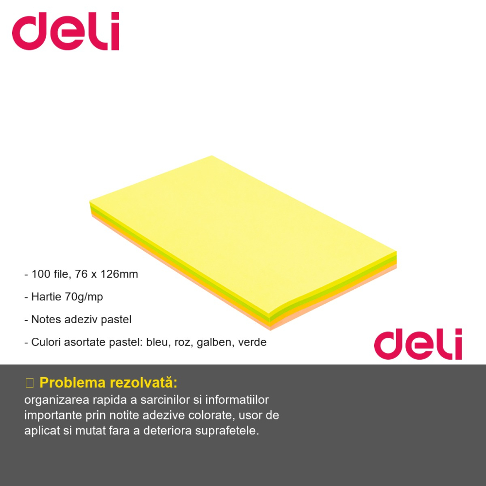 Notes adeziv Deli, culori pastel asortate, 100 file, 76x126mm, pentru organizare rapida la birou [2]
