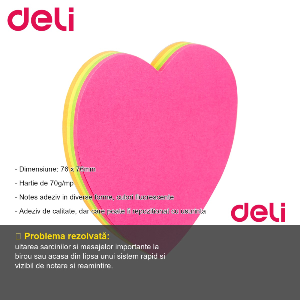 Notes adeziv Deli forme diverse, culori neon fluorescente, 76x76mm, 4 blocuri x 20 file, repozitionabil [2]
