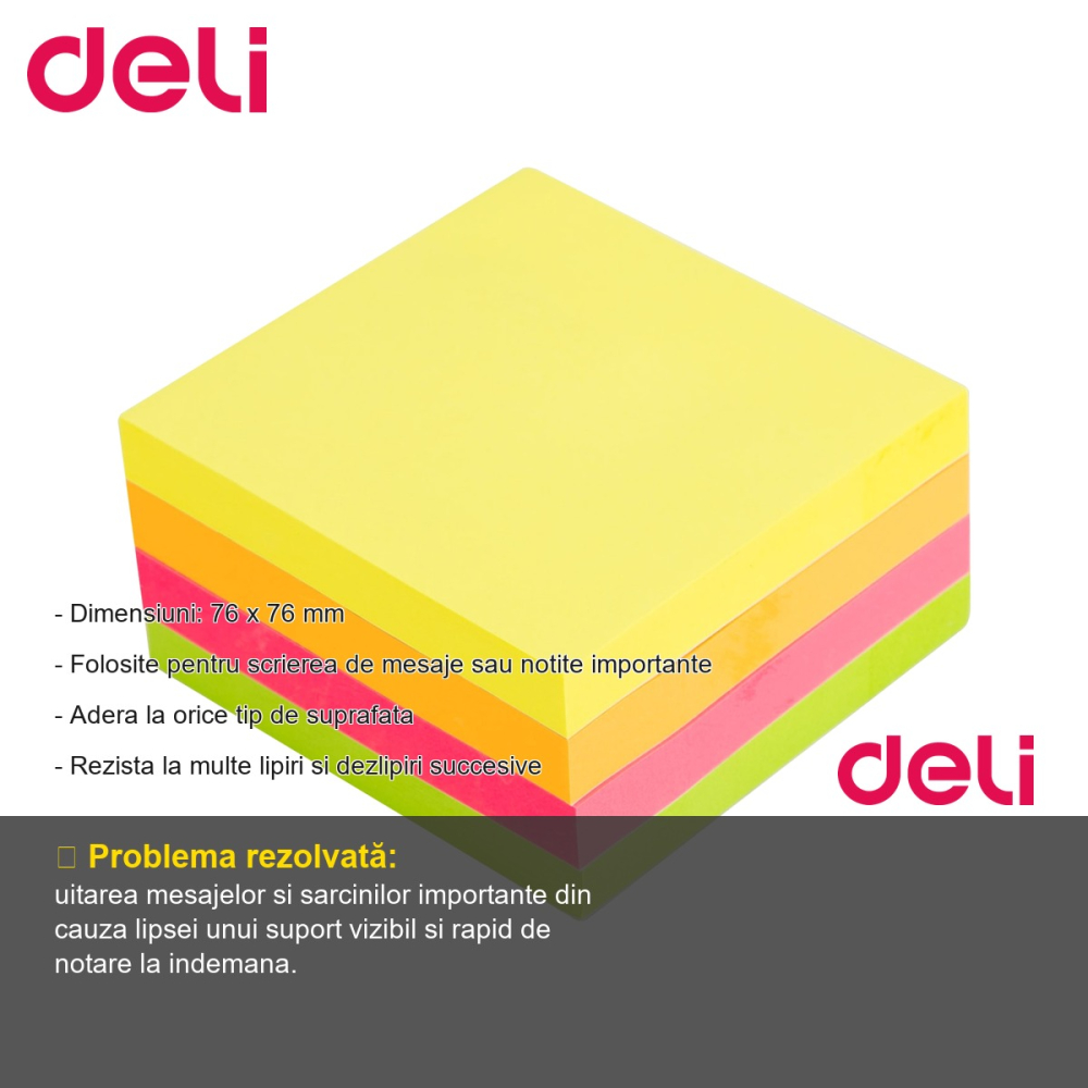 Notes adeziv Deli neon 76x76 mm, 400 file in 4 culori, pentru notite si mesaje rapide [2]