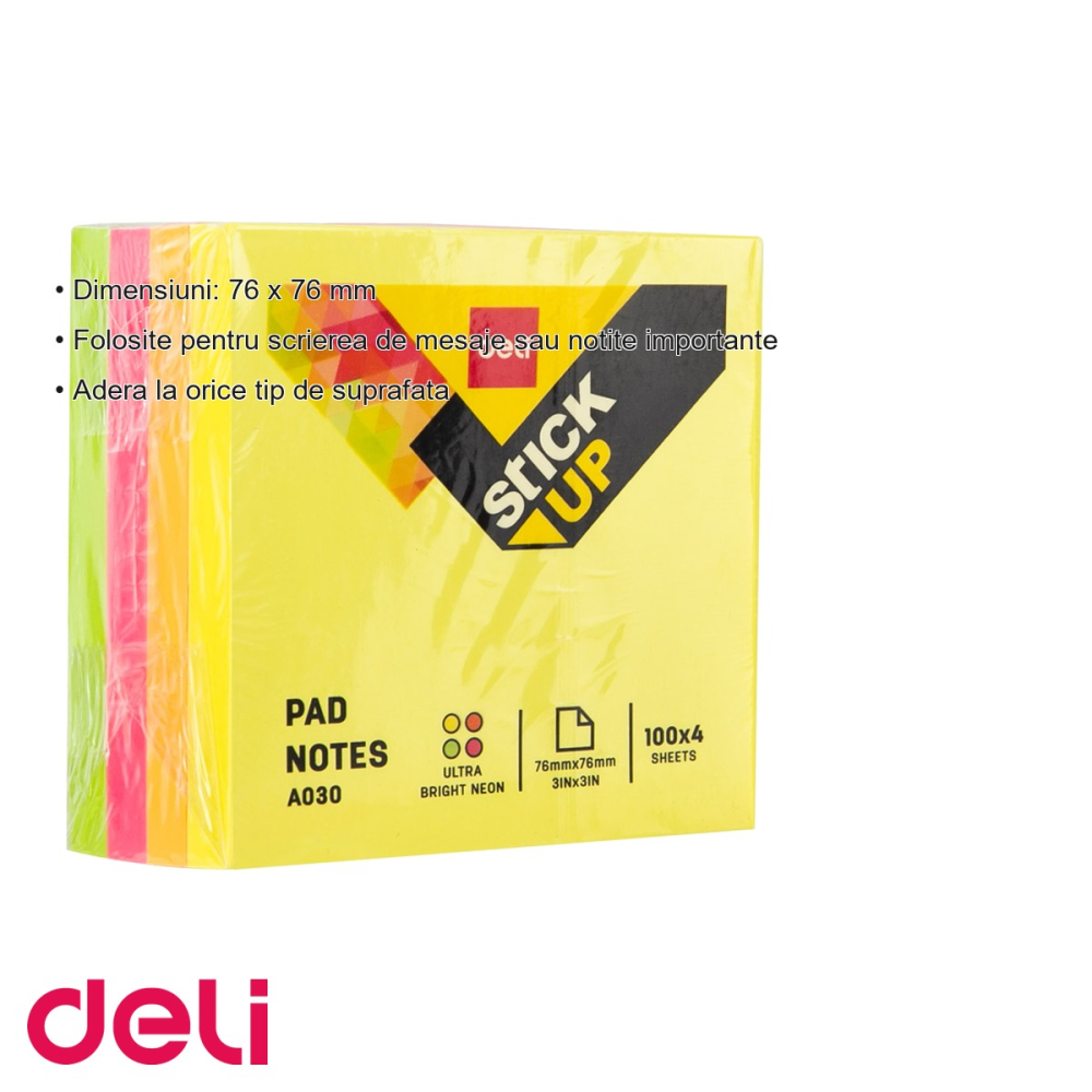 Notes adeziv Deli neon 76x76 mm, 400 file in 4 culori, pentru notite si mesaje rapide [3]