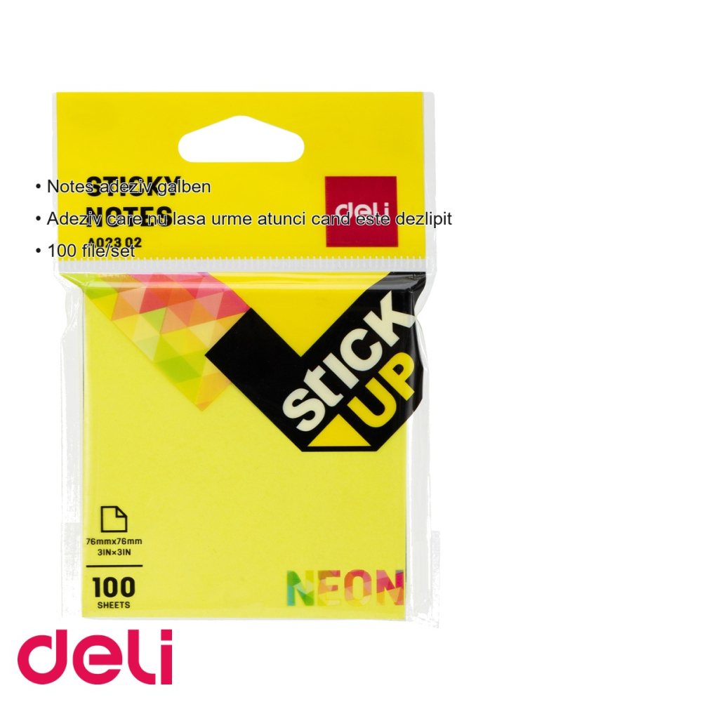 Notes adeziv Deli neon galben 76x76mm, 100 file, fara urme la dezlipire, pentru birou si acasa [3]