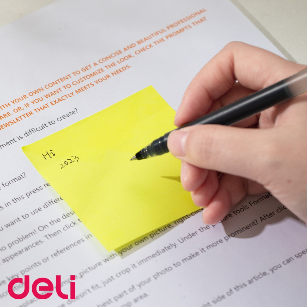 Notes adeziv Deli neon galben 76x76mm, 100 file, fara urme la dezlipire, pentru birou si acasa [5]