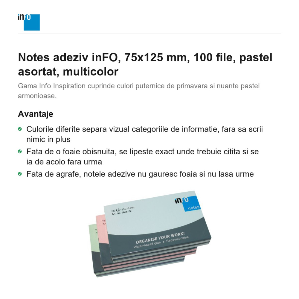 Notes adeziv inFO, 75x125 mm, 100 file, pastel asortat, multicolor [2]