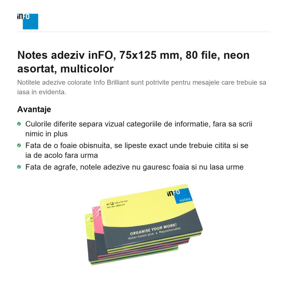 Notes adeziv inFO, 75x125 mm, 80 file, neon asortat, multicolor [2]