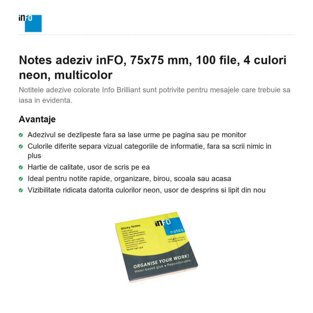 Notes adeziv inFO, 75x75 mm, 100 file, 4 culori neon, multicolor [2]