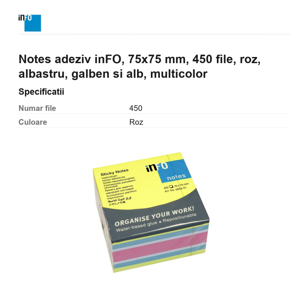 Notes adeziv inFO, 75x75 mm, 450 file, roz, albastru, galben si alb, multicolor [3]