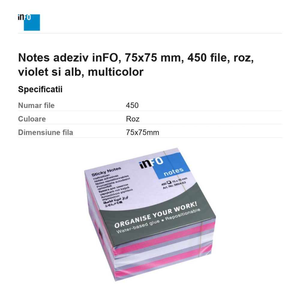 Notes adeziv inFO, 75x75 mm, 450 file, roz, violet si alb, multicolor [3]