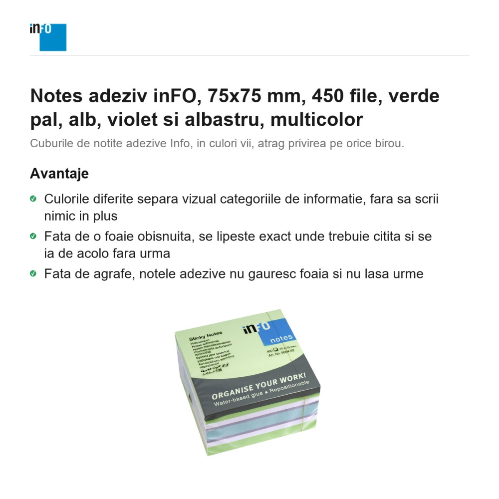Notes adeziv inFO, 75x75 mm, 450 file, verde pal, alb, violet si albastru, multicolor [2]