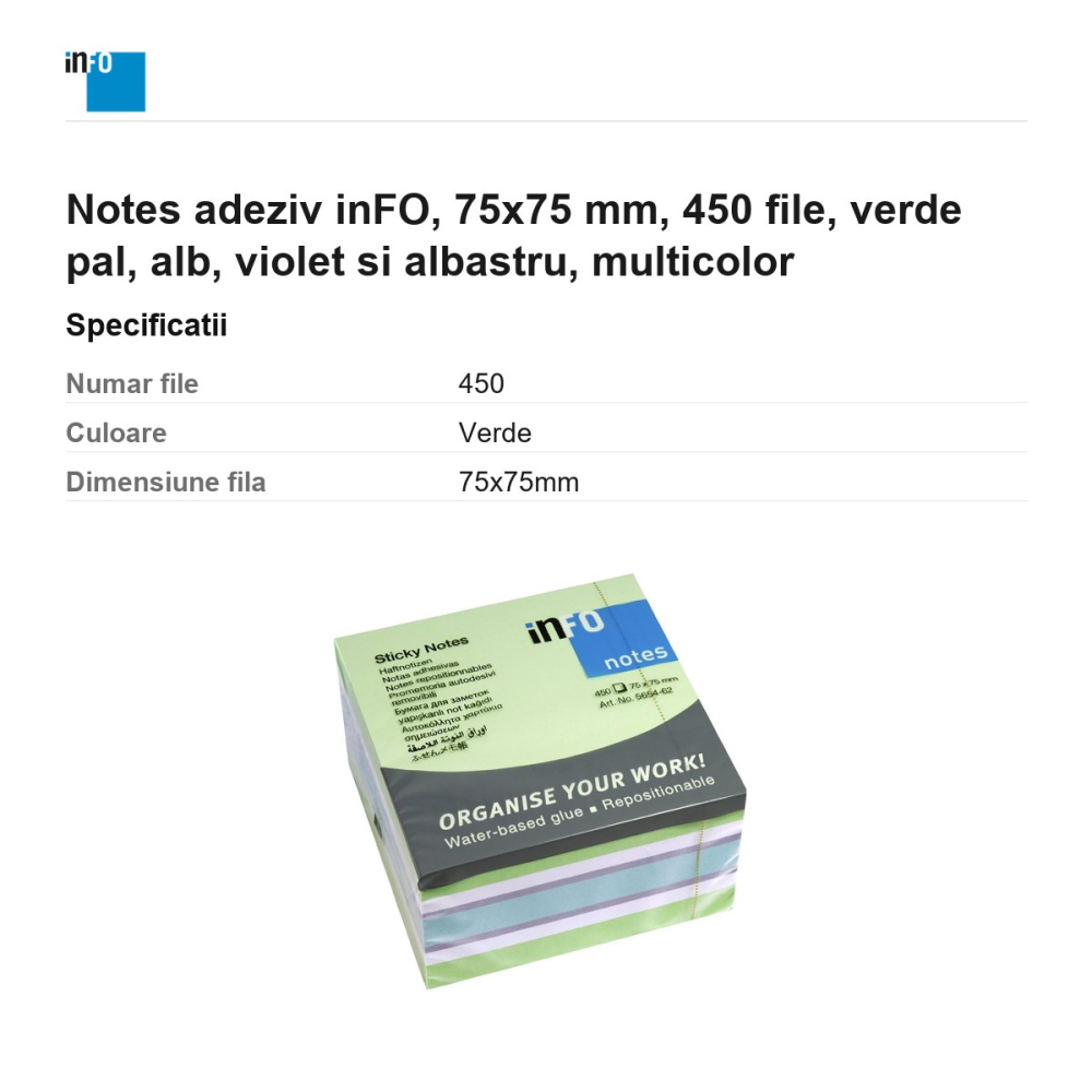 Notes adeziv inFO, 75x75 mm, 450 file, verde pal, alb, violet si albastru, multicolor [3]