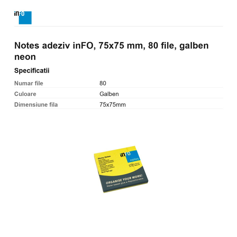 Notes adeziv inFO, 75x75 mm, 80 file, galben neon [3]